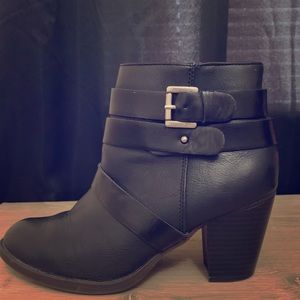 Black leather heeled booties